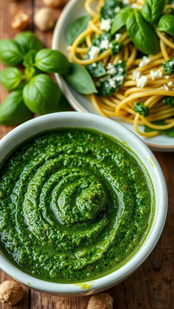 A bowl of fresh spinach pesto with pasta and Parmesan cheese on a wooden table.